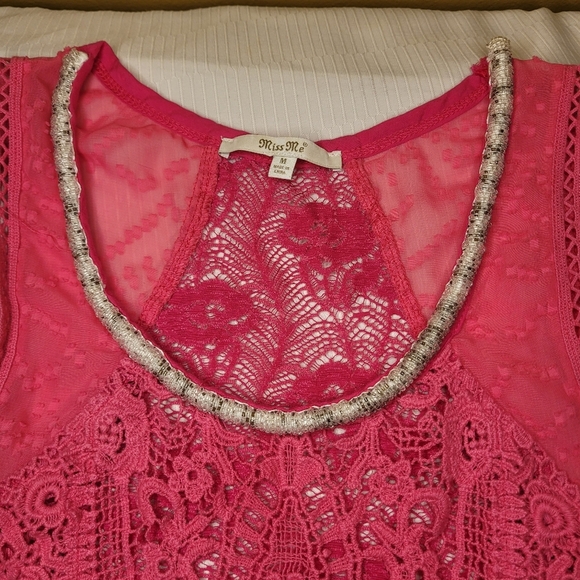 Miss me Pink Boho Western Crochet Floral Open Knit Beaded Top sz M MDT717T - Picture 3 of 8